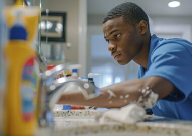 man-engaged-household-task cleaning bathroom: young Black man cleaning a bathroom sink, using a variety of cleaning supplies, detailed and thorough. Perfect image for grabbing attention and for advertising. --chaos 12 --ar 3:2 --style raw --stylize 150 Job ID: b044733e-8069-45fc-ae93-f55afd218bb5