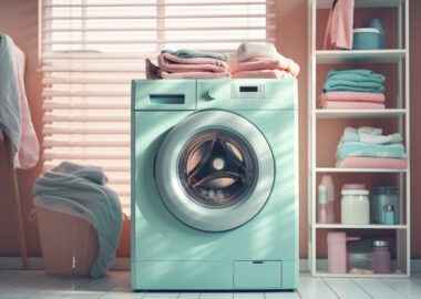 view-laundry-room-with-washing-machine-retro-colors pastel color automatic washing machine, with a transparent window in front to watch the clothes being washed, stop method, Polka, UHD, high detail --ar 3:2 --v 5.2 Job ID: 1ff12f67-1217-4ae2-b1a5-2350527dc1f2